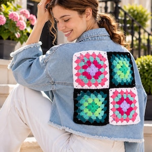 Crochet Granny Square Back Patch Pattern PDF, Colorful Denim Jacket Applique, 4-Square Crochet Motif, Digital Download