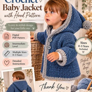Peut inclure: Un modèle de crochet numérique pour une veste de bébé à capuche. La veste est bleu foncé avec une bordure gris clair, deux boutons et un pompon sur la capuche. Le texte indique NovaCraftC, Crochet Baby Jacket with Hood Pattern, Digital PDF Pattern, Intermediate Level, Multiple Sizes 0-5 Years, Detailed Instructions, Welcome to NovaCraftC, Sizes 0-5 Years Included, et Thank You for supporting my small business NovaCraftC! Happy Crocheting!