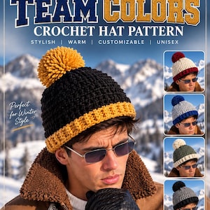 Peut inclure: Un patron de crochet PDF numérique intitulé Team Colors Crochet Hat Pattern par NovaCraftC. L'image montre un bonnet noir avec un bord et un pompon jaunes, ainsi que quatre variantes plus petites aux couleurs différentes.