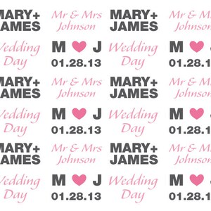 May include: Six white square labels with black and pink text. The labels read "MARY+JAMES" "Wedding Day" "Mr & Mrs Johnson" "M❤J" "01.28.13".