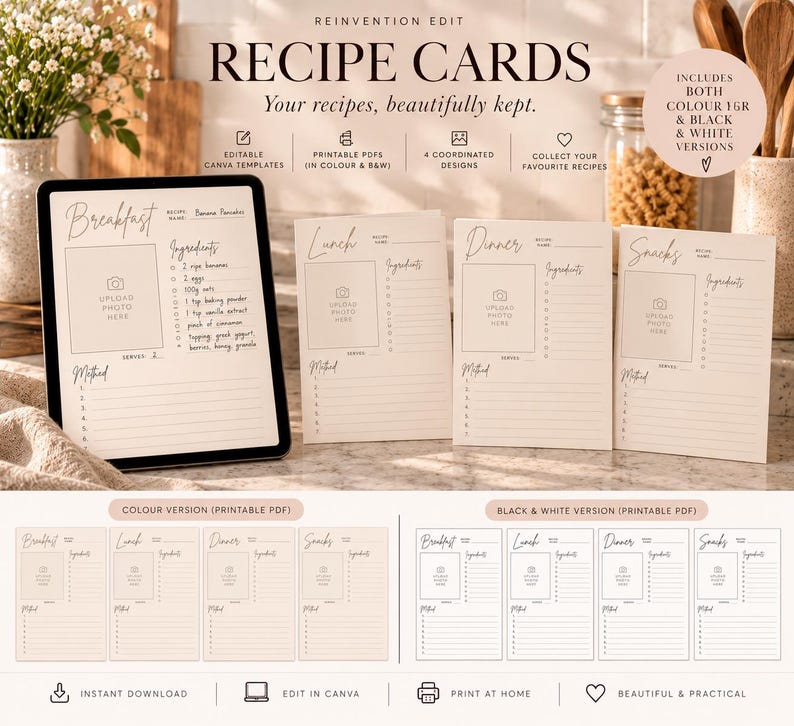 Printable Recipe Cards, Editable Canva Recipe Template, Beige & Black ...