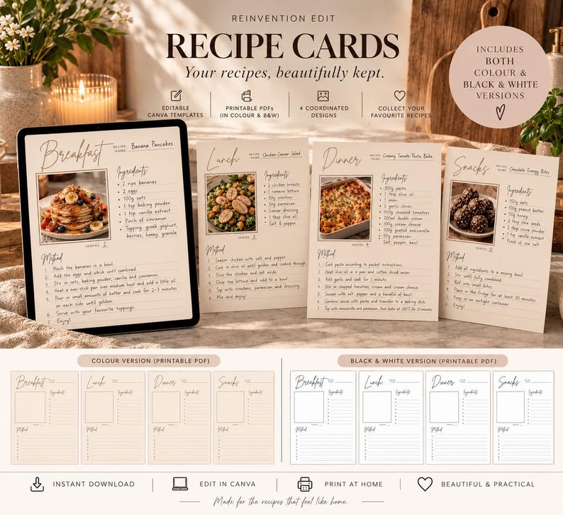 Printable Recipe Card Editable Canva Recipe Template, Beige & Black and ...