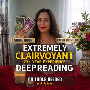 May include: Two tarot cards held up, featuring illustrations of a figure in green and a figure with an infinity symbol. Text overlays read SAME HOUR, EXTRA DETAILED, EXTREMELY CLAIRVOYANT, 27+ YEAR EXPERIENCE, DEEP READING, NO TOOLS NEEDED, and five stars.