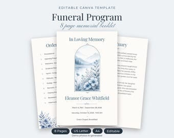 Könnte beinhalten: Eine bearbeitbare 8-seitige Vorlage für ein Trauerprogramm-Gedenkheft. Das Deckblatt zeigt den Text In Loving Memory, Eleanor Grace Whitfield, Daten sowie eine blaue Aquarellillustration von Bergen und Blumen in einem Bogen.