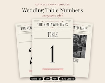 Vorlage für Tischnummern zur Hochzeit, bearbeitbare Karten im Zeitungsstil (1-30), druckbar für Canva (4x6, 5x7 Zoll).