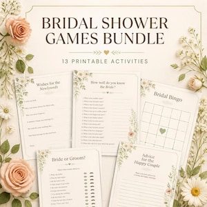 Peut inclure: Un ensemble de jeux pour fête prénuptiale comprenant 13 activités imprimables sur papier blanc. Les feuilles incluent des titres comme Wishes for the Newlyweds, How well do you know the Bride, Bridal Bingo, Bride or Groom et Advice for the Happy Couple.
