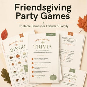 Peut inclure: Un ensemble de jeux de fête imprimables pour Friendsgiving incluant Bingo, Trivia, Would You Rather et Thankful Charades. Les cartes présentent des graphismes automnaux comme des citrouilles et des feuilles avec du texte en brun foncé et vert.
