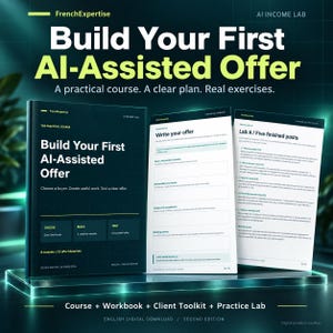 May include: A digital course package titled Build Your First AI-Assisted Offer, featuring a dark-themed manual, a workbook page titled Write your offer, and a practice lab page titled Lab A / Five finished posts, all displayed on a glowing platform.