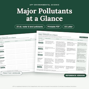 以下が含まれることがあります： AP Environmental Science Major Pollutants at a Glanceというタイトルの2枚の白い学習用シート。1枚は空欄の練習用バージョンで、もう1枚は空気汚染物質、発生源、影響に関する表が記載された完成済みの参照用バージョンです。