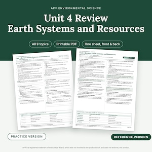 以下が含まれることがあります： 「AP Environmental Science Unit 4 Review: Earth Systems and Resources」と題された2枚の白い紙。1枚は空欄補充形式の練習用バージョン、もう1枚は学習ノートが記入されたリファレンスバージョンです。