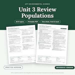 以下が含まれることがあります： AP環境科学ユニット3「個体群」の学習用ホワイトペーパー2枚。練習用バージョンと参照用バージョンが含まれています。文書には、種、環境収容力、成長などのトピックに関するテキスト、表、図が記載されています。