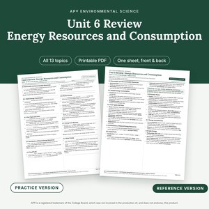 以下が含まれることがあります： AP Environmental Science Unit 6 Review: Energy Resources and Consumptionというタイトルの白い学習用シート2枚。1枚は空欄補充形式の練習用バージョンで、もう1枚はテキストが記載された完成済みのリファレンスバージョンです。