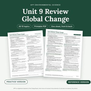 以下が含まれることがあります： AP Environmental Science Unit 9 Review Global Changeと題された2枚の白い学習用シート。1枚は空欄補充形式の練習用バージョンで、もう1枚はテキストと情報がすべて記載された参照用バージョンです。