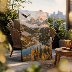 Toile imprimée « Aigle planant en montagne », paysage forestier automnal, décoration rustique de chalet au bord de la rivière, scène de nature sauvage en automne