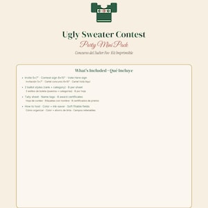 Puede incluir: Un paquete de fiesta imprimible para un concurso de suéteres feos. El documento incluye un icono de suéter, encabezados de texto y una lista de contenido como invitaciones de 12,7x17,8 cm, carteles de 20,3x25,4 cm, boletas y certificados.