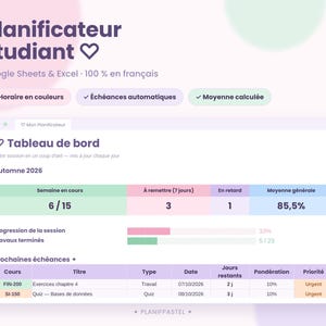 Peut inclure: Un tableau de bord numérique de planificateur étudiant pour Google Sheets et Excel intitulé Planificateur Étudiant. L'interface affiche les progrès académiques, incluant des statistiques de cours, des barres de progression et un tableau d'échéances.