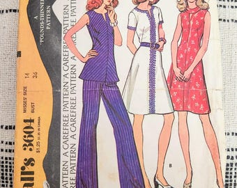 1970s McCall's 3604 Sewing Pattern CUT Size 14 (36" Bust) Dress, Tunic, and Pants