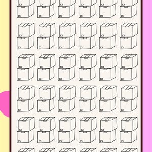 May include: A savings tracker sheet with the text We're Moving, featuring a grid of thirty-six outlined cardboard box icons. The design includes a green dollar bill icon, a yellow accent, and bottom fields labeled Target and Total.