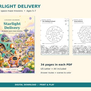 May include: Starlight Delivery activity book featuring 24 space maze missions for ages 5-7. Includes 34 pages in each PDF with US Letter and A4 formats. Features colorful cover art with space creatures and two black and white maze activity pages.