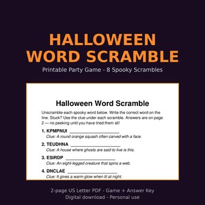 Puede incluir: Un juego de fiesta imprimible Halloween Word Scramble con ocho acertijos espeluznantes. El documento incluye instrucciones, cuatro acertijos numerados con pistas y una nota sobre una hoja de respuestas en la página dos, todo sobre un fondo blanco.