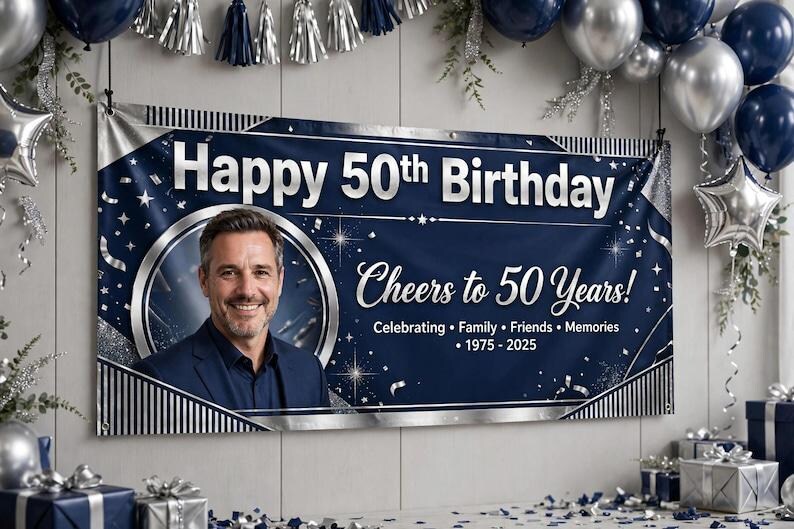 Pancarta de cumpleaños de vinilo personalizada de 60 x 150 cm, pancarta fotográfica personalizada con nombre y edad, decoración para fiestas de cumpleaños, regalo para cumpleaños importantes imagen 10
