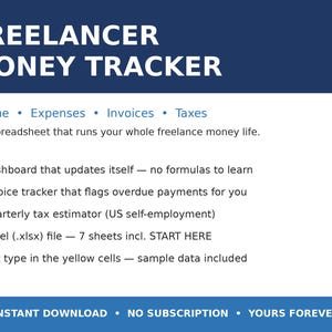 Puede incluir: Una hoja de cálculo digital titulada Freelancer Money Tracker con encabezado y pie de página azul oscuro. Incluye secciones para ingresos, gastos, facturas e impuestos, además de un panel de control y siete hojas de cálculo de Excel.