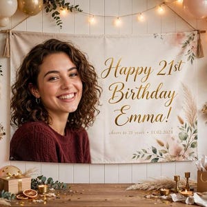 Pancarta de cumpleaños de vinilo personalizada de 60 x 150 cm, pancarta fotográfica personalizada con nombre y edad, decoración para fiestas de cumpleaños, regalo para cumpleaños importantes imagen 1
