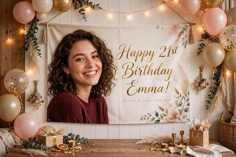 Pancarta de cumpleaños de vinilo personalizada de 60 x 150 cm, pancarta fotográfica personalizada con nombre y edad, decoración para fiestas de cumpleaños, regalo para cumpleaños importantes imagen 1