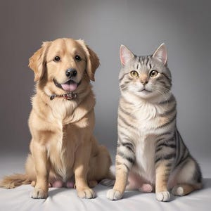 Puede incluir: Un perro golden retriever de pelaje marrón claro con un collar oscuro sentado junto a un gato atigrado gris y blanco con rayas oscuras. Ambos animales están sentados uno al lado del otro, mirando al frente con expresiones atentas.