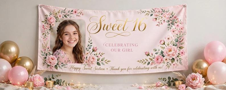 Pancarta de cumpleaños de vinilo personalizada de 60 x 150 cm, pancarta fotográfica personalizada con nombre y edad, decoración para fiestas de cumpleaños, regalo para cumpleaños importantes imagen 9