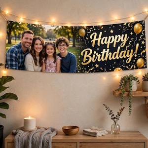 Pancarta de cumpleaños de vinilo personalizada de 60 x 150 cm, pancarta fotográfica personalizada con nombre y edad, decoración para fiestas de cumpleaños, regalo para cumpleaños importantes imagen 3