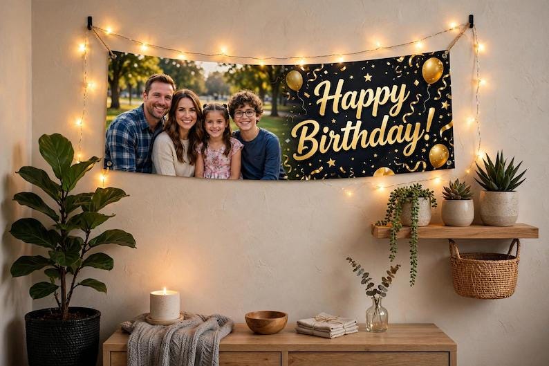 Pancarta de cumpleaños de vinilo personalizada de 60 x 150 cm, pancarta fotográfica personalizada con nombre y edad, decoración para fiestas de cumpleaños, regalo para cumpleaños importantes imagen 3