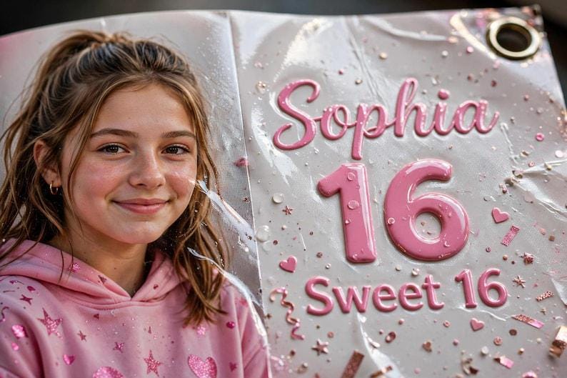 Pancarta de cumpleaños de vinilo personalizada de 60 x 150 cm, pancarta fotográfica personalizada con nombre y edad, decoración para fiestas de cumpleaños, regalo para cumpleaños importantes imagen 5