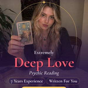 May include: A psychic reading service advertisement featuring the text medium Anya, Extremely Deep Love, Psychic Reading, 7 Years Experience, Written For You, and Same Day Delivery. A person holds The Star tarot card in front of a dark background.