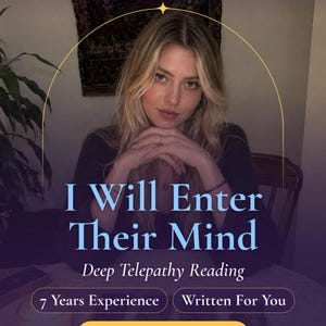 May include: A digital graphic featuring a person with blonde hair and the text: medium Anya, I Will Enter Their Mind, Deep Telepathy Reading, 7 Years Experience, Written For You, and Same Day Delivery, framed by a thin gold arch design.