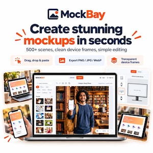 Może przedstawiać: Cyfrowy interfejs platformy MockBay do tworzenia makiet w kilka sekund. Ekran przedstawia scenę z biblioteki z osobą trzymającą telefon, otoczoną różnymi ramkami urządzeń, opcjami eksportu oraz narzędziami do edycji graficznej.