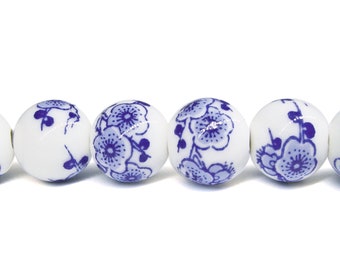 20x 10mm Blue Pink Red Purple White Round Floral Flower Porcelain Ceramic Beads