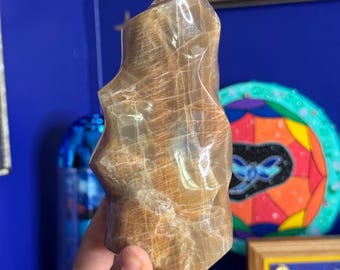 Pedra da Lua Pêssego 15 cm Cristal Chama com Arco-Íris
