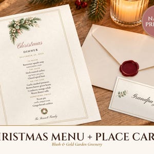 Plantilla de menú navideño con tarjetas de mesa, menú de cena navideña en tonos rosa y dorado, nombres impresos, elegante juego de mesa. imagen 1
