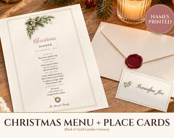 Christmas Menu Template with Place Cards, Blush and Gold Holiday Dinner Menu, Names Printed for You, Elegant Table Set