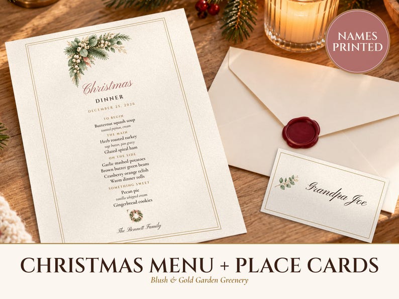 Plantilla de menú navideño con tarjetas de mesa, menú de cena navideña en tonos rosa y dorado, nombres impresos, elegante juego de mesa. imagen 1