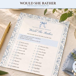 Would She Rather Bridal Shower Game, Something Blue Toile Printable, Bride's Name Added, 5x7 and Letter, Wedding Shower Game image 1