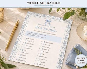 Would She Rather Bridal Shower Game, Something Blue Toile Printable, Bride's Name Added, 5x7 and Letter, Wedding Shower Game