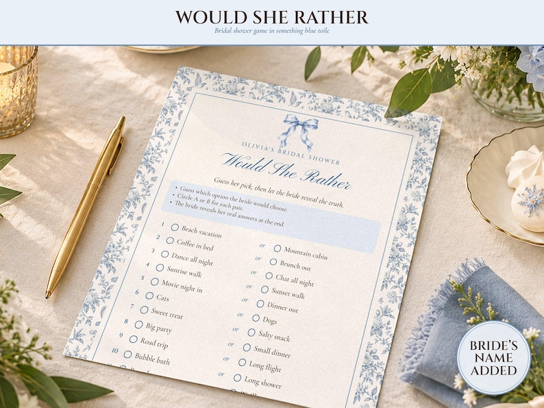 Would She Rather Bridal Shower Game, Something Blue Toile Printable, Bride's Name Added, 5x7 and Letter, Wedding Shower Game image 1