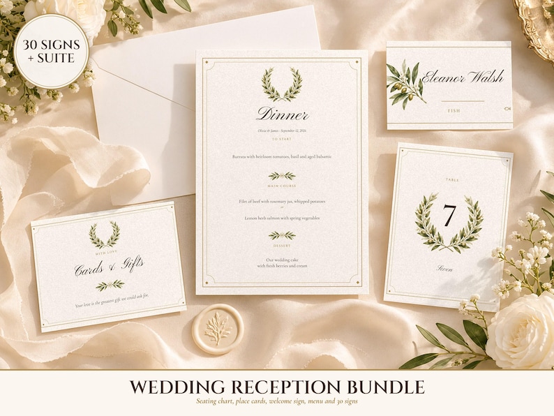 Paquete de letreros para bodas, conjunto de recepción Old Money Ivory con plano de asientos, tarjetas de lugar, letrero de bienvenida y 30 letreros, nombres impresos. imagen 1