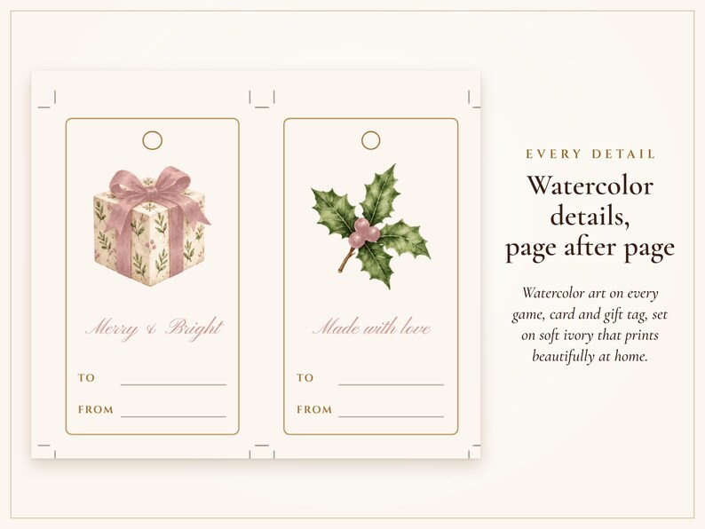 Julfestspelpaket, 20 utskrivbara spel, Blush and Gold-helgbingo, frågesport och skattjakt för vuxna och barn bild 2