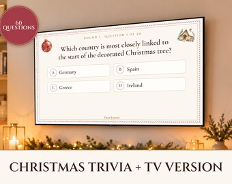Christmas Trivia Game Printable and TV Version, 60 Questions with Answers, Holiday Party Game for Office, Family and Adults
