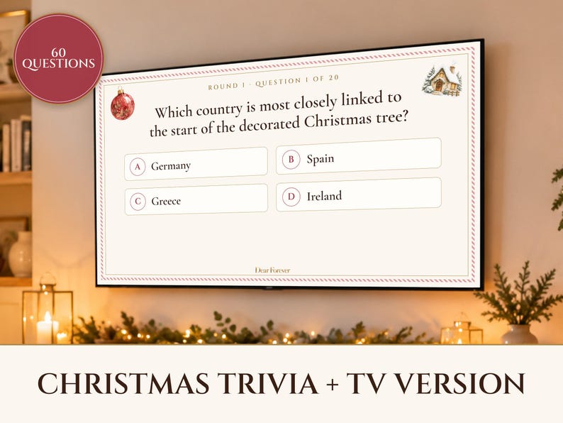 Gioco a quiz di Natale, versione stampabile e per la TV, 60 domande con risposte, gioco per feste natalizie per ufficio, famiglia e adulti. immagine 1