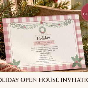 Holiday Open House Invitation Printable, Cozy Plaid Cottage, Christmas Open House Invite 5x7, Drop In Party image 1
