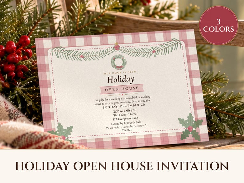 Holiday Open House Invitation Printable, Cozy Plaid Cottage, Christmas Open House Invite 5x7, Drop In Party image 1